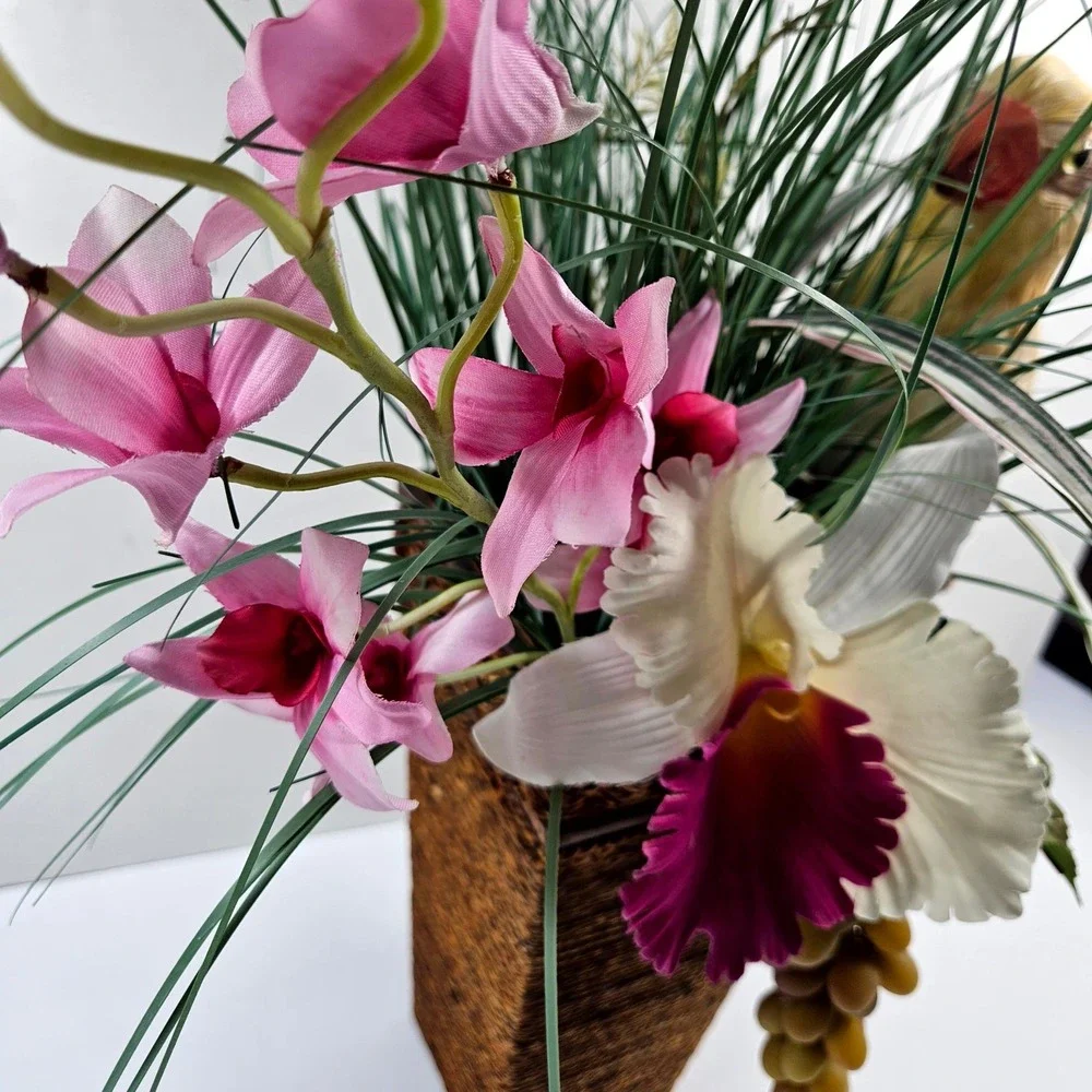 Floral‎ Wall Decor OS Brown Pink Tropical Orchid Bird Tiki Arrangement Beach